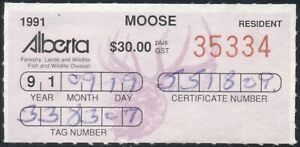 Alberta Wildlife Certificate stamp 1991 Moose hunting, vanDam #AW913 rouletted