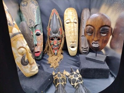 Lot of 9 Vintage Wooden Carved Masks  - Image 1 of 4