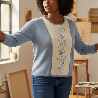 Y2K Dress Barn Woman 1X Blue Cream Embroidered Knit Sweater Coquette Cottagecore - Image 1 of 4