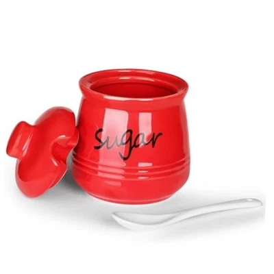  Tigela de açúcar 12 oz com tampa e colher, frasco de açúcar de cerâmica dispensador de açúcar vermelho açúcar - Imagem 1 de 4