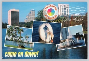 Orlando FL Skyline Lake Eola Swan Fuente Palmeras Multi Vista Postal - Imagen 1 de 2
