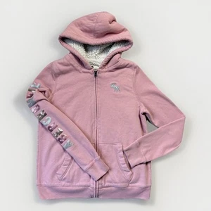 Abercrombie Kids Hoodie Girls 15/16 Pink Sequin Spell Out Sherpa-Lined Zip-Up - Picture 1 of 11