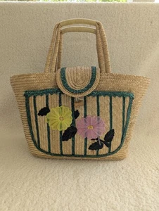 Vintage 60’s Straw Bag Woven Floral Raffia Tote Handtasche Travel Beach Bag - Bild 1 von 11
