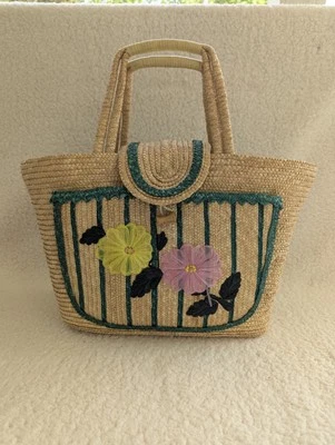 Vintage 1960’s Straw Bag Woven Floral Raffia Tote Handbag Travel Beach Bag - Image 1 of 4