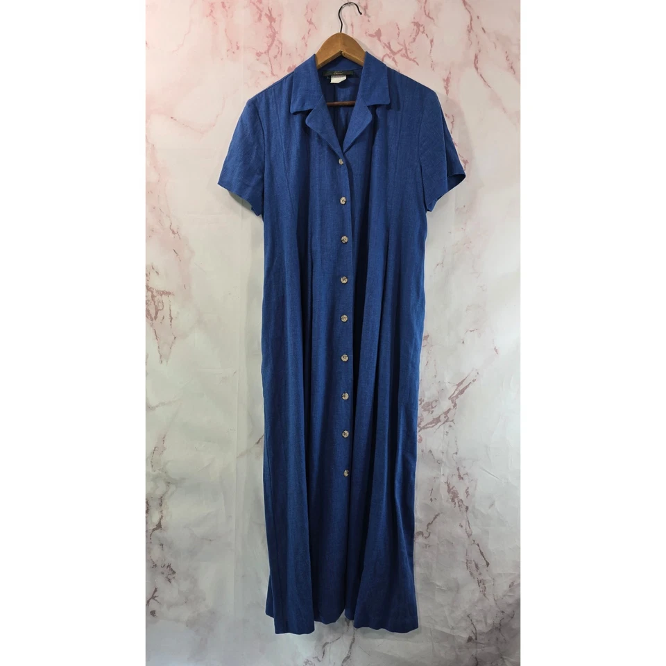 Vestido Vintage Mujer Grande Azul Lino Cambray Camisa Años 90 Maxi Midi Largo Botón  Foto 1 de 4