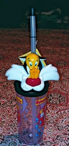 Looney Tunes Sylvester und Tweety Becher Tasse mit Deckel & Strohhalm Vintage - Bild 1 von 3