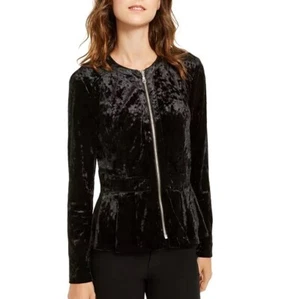 INC Womens Plus 1X Deep Black Velvet Zip Up Long Sleeve Peplum Jacket NWT AN81 - Picture 1 of 3