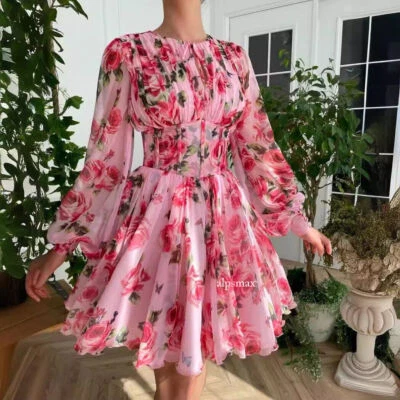 Sweet Womens Lantern Sleeves Stand-up Collar A-Line Printed Chiffon Dress Sz - Image 1 of 4