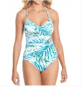TIME & TRU Blue Green Palm Leaves Shirred Sides Padded Cups Lace Up Back Size 1X - Picture 1 of 13