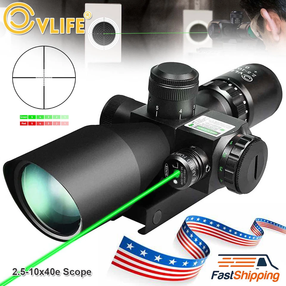 Mira telescópica iluminada roja y verde 2,5-10x40e con mira láser verde y montaje de 20 mm Foto 1 de 4