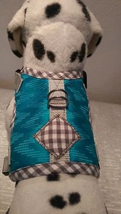 Hundegeschirr M, Brustgeschirr, Softgeschirr, Halsband, Türkis mit Karo - Bild 1 von 8