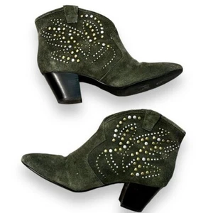 ASH Spirit Ankle Boots Studs Green Suede Slip on Heels Boho Western Size 38/US7 - Picture 1 of 10