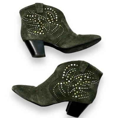 ASH Spirit Botines Tachuelas Gamuza Verde Tacones Sin Cordones Boho Western Talla 38/US7 Foto 1 de 4