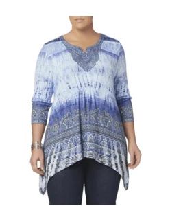 ENERGIE BLUE MULTICOLOR With LACE 3/4 SLEEVE SHARK BITE HEM EMBELLISHED pullover - Picture 1 of 13