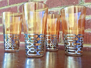✨MID CENTURY MODERN HIGHBALL GLASSES- Amber Lusterware, Silver Geometric Pattern - Picture 1 of 12