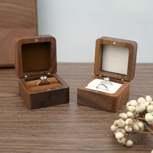 2 Wooden Square Jewelry Storage Box Wedding Bands Engraved Rustic Small Ring Box - Picture 1 of 12