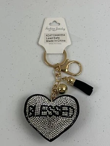 Heart Shaped Rhinestone Blessed Keychain Heart keychain Tassel Gold Accents - Picture 1 of 3