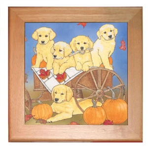 Golden Retriever Dog Kitchen Ceramic Trivet Framed in Pine 8" x 8" - Picture 1 of 1