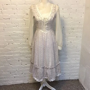 Gunne Sax Jessica McClintock vintage anni 70 abito prateria corsetto lilla calico taglia 5 - Foto 1 di 12
