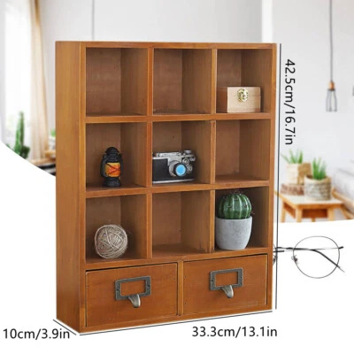 Office Organizer Cabinet Vintage Wooden Display Cabinet Storage Shelf W/2-Drawer - Image 1 of 4