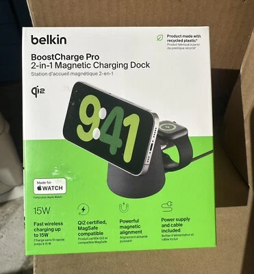 Belkin BoostCharge Pro 2-in-1 Wireless Charging Dock MagSafe Charcoal NEW - Image 1 of 4