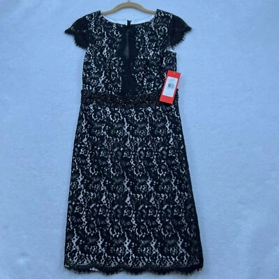 Новый с Ярлыками MONIQUE LHUILLIER женщин трепетать рукав Shift платье черный кружевной цветочный размер 4 - Изображение 1 из 4