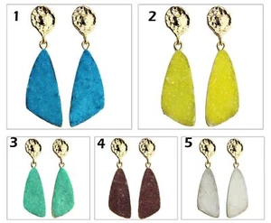 Natural Multi-Color Sugar Druzy Fan Shape Gold Plated Gemstone Drusy Earrings - Picture 1 of 8