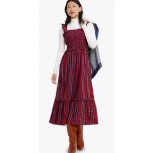 Nicole Miller Damen Midikleid Gr. L rot dunkelblau kariert Rüschen neu ohne Etikett - Bild 1 von 5