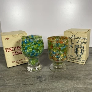 2 Vtg Mid Century Crushed Glass Candles LE Smith Romance Lights MCM Blue Green - Picture 1 of 13