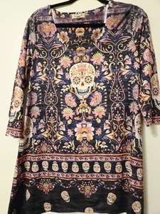 One World Charming Art Boho Studded Floral Skull Tunic Women's Top sz M Y2K - Picture 1 of 9