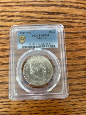 1947 MÉXICO PRATA 1 PESO MORELOS PCGS MS 64 LINDO BRILHO GEMA ESCASSA BU - Imagem 1 de 2