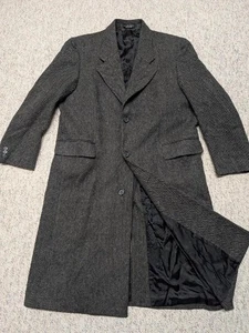 vintage TWEED donegal wool OVERCOAT trench 46 charcoal gray HERRINGBONE  xl - Picture 1 of 9