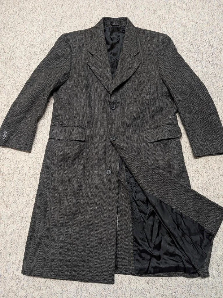 vintage TWEED donegal wool OVERCOAT trench 46 charcoal gray HERRINGBONE  xl - Image 1 of 4