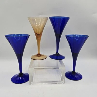 4~ Vasos de licor Art Deco azul cobalto y ámbar soplados a mano 2 oz 5,25” de alto Foto 1 de 4