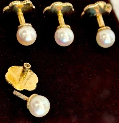 Vintage 1990 Cultured 6.25 mm Pearl Yellow 9ct Gold Tuxedo Shirt Studs & Case - Image 1 of 4