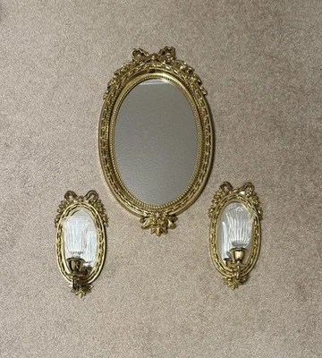 Burwood Ribbons Bows Mirror Sconces Wall Set Gold Tone Vtg Home Interiors  - Image 1 of 4