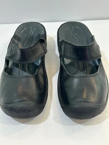 KEEN Shoes Womens 6 Saratoga Slip On Mary Jane Clogs Black Leather Wedge - Picture 1 of 7