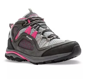 Women's Propet Peak Waterproof Hiking Boot, grey/berry mesh/nubuck, Size 10 - Picture 1 of 24