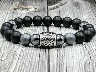 Pulsera para hombre ACERO INOXIDABLE nudo chino 10 mm ónix y piedras preciosas de hematita con cuentas Foto 1 de 4