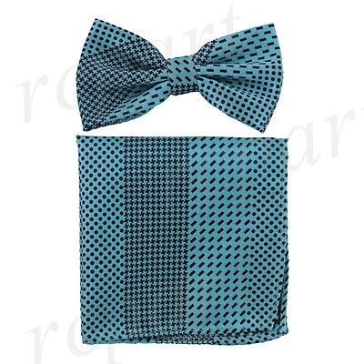 Nuevo Conjunto de Pajarita y Pañuelo Preatado Para Hombre Geométrico Azul Turquesa Negro Formal Foto 1 de 4