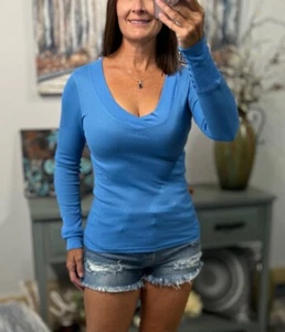 Waffle Thermal V Neck Button Statement Long Sleeves Slimming Shirt Top Blue - Picture 1 of 7