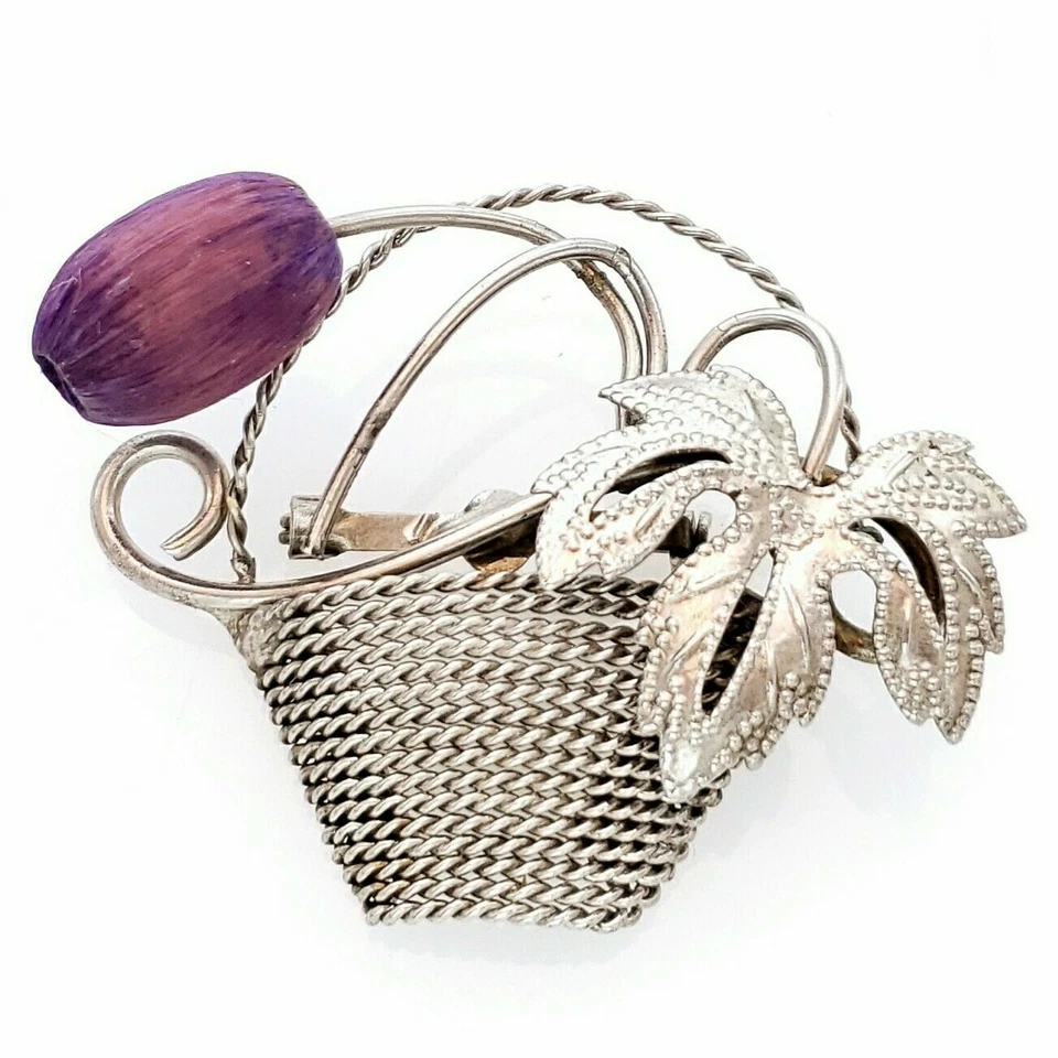 Mint Vintage Coro? Silver Tone Wirework Purple Dyed Wood Basket Brooch Pin - Image 1 of 4