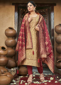 Vêtements de fête pakistanais ready-made Salwar Kameez taille plus pour femmes marron jaunâtre