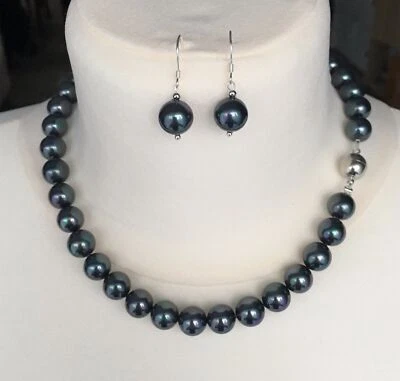 schwarze Perlenkette+ Ohrringe Collier Perlen Halskette 10mm Perlen wie Tahiti - Bild 1 von 4