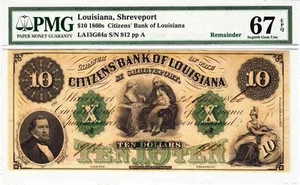 $10 Louisiana, New Orleans Remainder PMG 67 SUPERB GEM UNCIRCULATED- AMAZING!!! - Picture 1 of 1