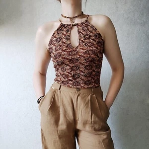 Principles Tribal Print Halter Top Size 8 Petite EU 36 Brown Tones Beaded NWT - Picture 1 of 17