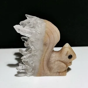 Natural Crystal Cluster Quartz Mineral Specimen,Hand Carved Squirrel Healing,K13 - Picture 1 of 8