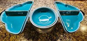 MCM Large Five Piece Ceramic Server Tray Set Teal Drip w/ Expandable Metal Base - Picture 1 of 10