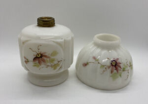 Antique Miniature Oil Lamp - Milk Glass Floral Painted - Globe & Base Only GWTW