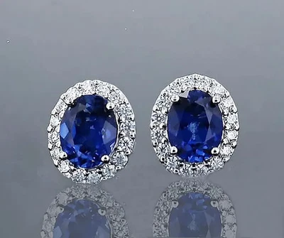 Обручальные серьги-гвоздики с натуральным синим сапфиром овальной огранки 5 карат 950 платина - Изображение 1 из 4